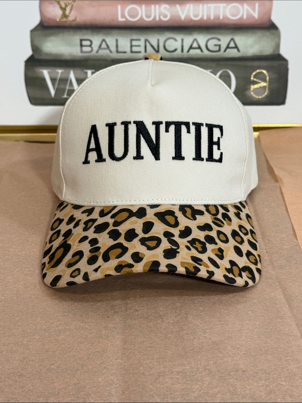 Zenana Cream 'AUNTIE' Cap with Leopard Brim
